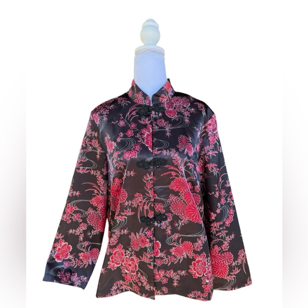 Vintage AGB Byer California Asian-Inspired Floral Blouse Black Satin Top XL